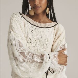 Anthropologie Cream Sweater with Lace Sleeves